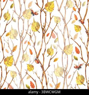 Motif d'automne sans couture dessiné à la main avec des feuilles de bouleau jaune, coccinelles et branches brunes sur fond blanc. Illustration aquarelle est parfait pour Banque D'Images