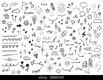 Ensemble de doodle vectoriel de différents éléments. Étoiles, étincelles, flèches, ballons de parole, coeurs, mots, diamants, fleurs, signes Illustration de Vecteur