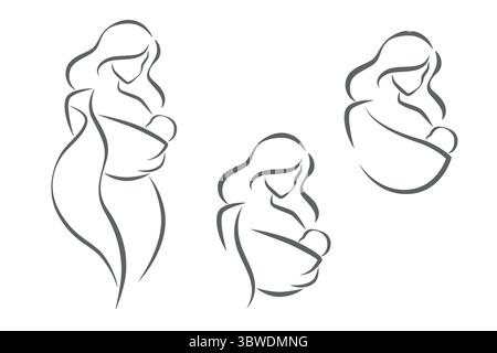 Ensemble de logo avec mère et bébé. Silhouette, icône, logo, signe. Illustration de Vecteur