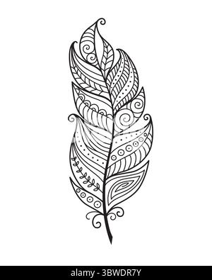 Plume de doodle décorative dessinée à la main contour noir sur fond blanc Illustration de Vecteur