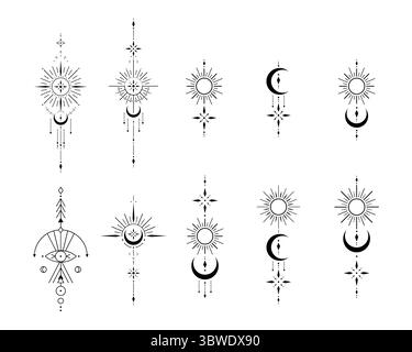 Ensemble vectoriel de symboles géométriques sacrés sur fond blanc. Collection de signes mystiques abstraits. Formes linéaires noires. Illustration de Vecteur