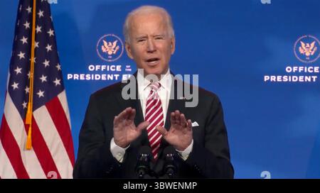 23 décembre 2020, Wilmington, Delaware, États-Unis : Joe Biden, président élu des États-Unis, prononce un discours présentant le Dr Miguel Cardona, son candidat au poste de secrétaire à l'éducation, du Queen Theatre de Wilmington, Delaware, le mardi 22 décembre 2020 (crédit image : © Biden transition TV via CNP/CNP via ZUMA Wire) Banque D'Images