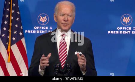 23 décembre 2020, Wilmington, Delaware, États-Unis : Joe Biden, président élu des États-Unis, prononce un discours présentant le Dr Miguel Cardona, son candidat au poste de secrétaire à l'éducation, du Queen Theatre de Wilmington, Delaware, le mardi 22 décembre 2020 (crédit image : © Biden transition TV via CNP/CNP via ZUMA Wire) Banque D'Images