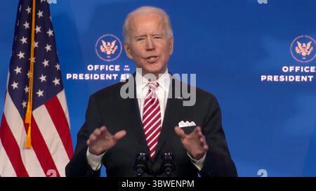 23 décembre 2020, Wilmington, Delaware, États-Unis : Joe Biden, président élu des États-Unis, prononce un discours présentant le Dr Miguel Cardona, son candidat au poste de secrétaire à l'éducation, du Queen Theatre de Wilmington, Delaware, le mardi 22 décembre 2020 (crédit image : © Biden transition TV via CNP/CNP via ZUMA Wire) Banque D'Images