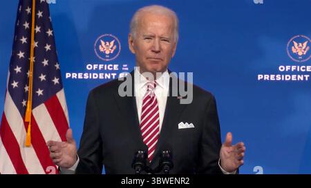 23 décembre 2020, Wilmington, Delaware, États-Unis : Joe Biden, président élu des États-Unis, prononce un discours présentant le Dr Miguel Cardona, son candidat au poste de secrétaire à l'éducation, du Queen Theatre de Wilmington, Delaware, le mardi 22 décembre 2020 (crédit image : © Biden transition TV via CNP/CNP via ZUMA Wire) Banque D'Images