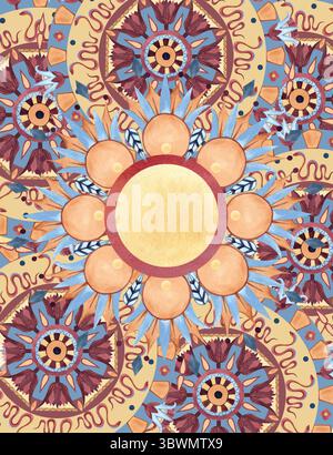 Carte postale égyptienne avec modèle arabesque, ornement ethnique antique. Motifs géométriques symétriques, lotus abstrait, fleurs. Aquarelle isolée Banque D'Images