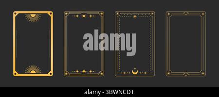 Cadres de carte de tarot doré avec des ornements mystiques - bordures décoratives avec des symboles de soleil et de lune, des étoiles et des éléments célestes sur bg noir. Modèles de divination magiques pour la conception de pont de divination de fortune Illustration de Vecteur