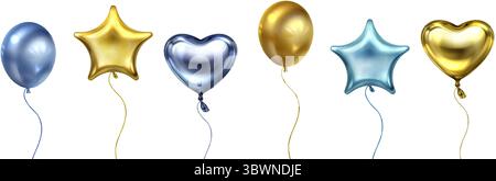 Ensemble de ballon 3D métallique - décorations de fête en or brillant et argent de coeur, étoile et formes rondes. Ballons flottants avec des cordes pour la célébration d'anniversaire, mariage ou conception d'événement festif. Illustration de Vecteur