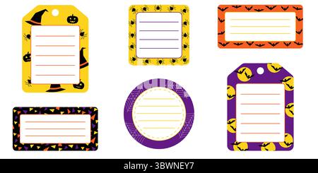 Ensemble d'étiquettes d'halloween rondes, carrées et rectangulaires. Autocollants et étiquettes Halloween avec chauves-souris, araignées, chapeau whitch en orange, violet, jaune et noir Illustration de Vecteur