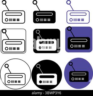 Graphic présente un design minimaliste d'icône radio en noir, blanc et violet, un atout polyvalent pour la technologie rétro ou le contenu de communication Illustration de Vecteur