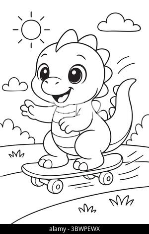 Mignon dinosaure chevauchant une planche à roulettes dans une scène de livre de coloriage. Illustration de Vecteur