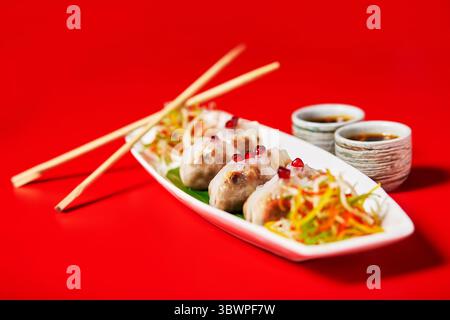 Délicieuses boulettes cuites à la vapeur remplies de farce salée, garnies de graines de grenade et servies avec des trempettes de soja acidulées et des légumes croquants. Un coloré Banque D'Images