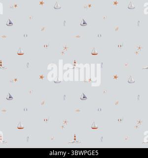 Aquarelle Seamless Pattern avec Undersea Stars et phare et voilier sur fond isolé. Fond nautique avec Childish Sea Horse pour BA Banque D'Images Aquarelle Seamless Pattern avec Undersea Stars et phare et voilier sur fond isolé. Fond nautique avec Childish Sea Horse pour BA Banque D'Images