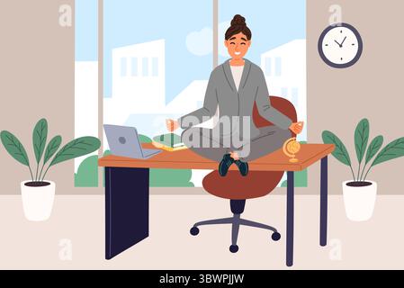 Femme d'affaires médite au lieu de travail assis dans la pose de lotus. Calme et concentré sur le travail. Méditation au bureau. Femme pratiquant le yoga asana sur le bureau de travail. Illustration de Vecteur