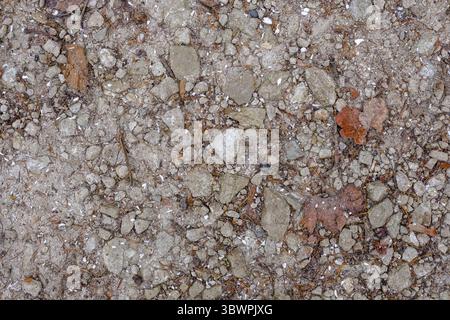 Texture naturelle de gravier rugueux, de roches et de saleté avec de petits morceaux de gel et des feuilles sèches dispersées. Banque D'Images