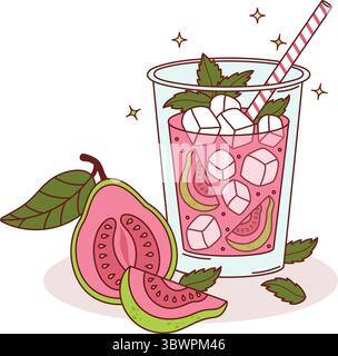 Boisson de goyave mignonne avec des feuilles de glace et de menthe et des tranches tropicales. Cocktail rafraîchissant rose aux fruits d'été avec paille. Illustration vectorielle Illustration de Vecteur