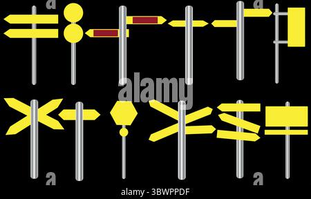 Divers dessins de panneaux de signalisation en jaune sur fond transparent offrent divers concepts d'orientation et d'information pour l'utilisation graphique. Illustration de Vecteur
