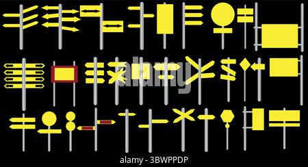 Divers dessins de panneaux de signalisation en jaune sur fond transparent offrent divers concepts d'orientation et d'information pour l'utilisation graphique. Illustration de Vecteur