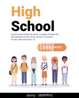 Étudiants du secondaire groupe diversifié debout ensemble tenues décontractées sacs à dos blanc fond blanc bannière de site Web Illustration de Vecteur