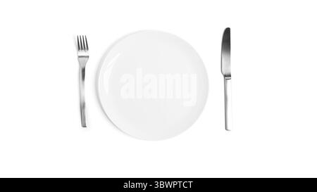 Langage des signes avec couverts. Une assiette avec des couverts isolés sur un fond blanc. Assiette, couteau, fourchette sur fond blanc. Banque D'Images