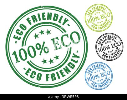 Une collection de badges 100% écologique, Grunge Rubber Green Product Stamp Set Illustration de Vecteur