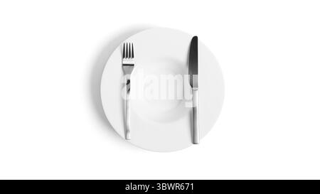 Langage des signes avec couverts. Une assiette avec des couverts isolés sur un fond blanc. Assiette, couteau, fourchette sur fond blanc. Banque D'Images