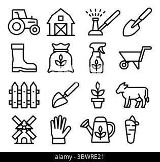 Une collection d'icônes simples d'art au trait liées à l'agriculture et au jardinage, mettant en vedette des outils, des animaux, des plantes et des éléments ruraux parfaits pour l'agriculture t Illustration de Vecteur