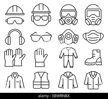 Une collection d'icônes minimalistes représentant l'équipement de sécurité et l'équipement de protection individuelle, y compris des casques de sécurité, des lunettes de sécurité, des gants, et plus encore pour Illustration de Vecteur