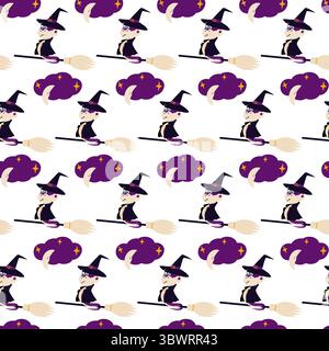 Serpent dans chapeau de sorcière volant sur balai et croissant de lune sur nuage avec motif décoratif étoiles sans couture. Illustration vectorielle isolée Halloween fond de voeux invitation ou bannière de fête, dépliants, prix Illustration de Vecteur