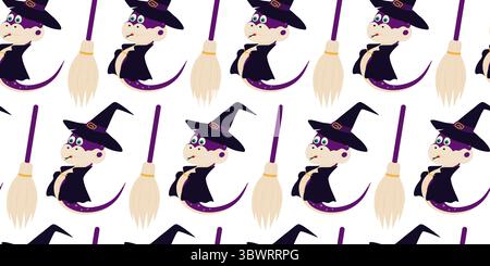 Halloween Snake dans le chapeau de sorcière et manteau avec balai Seamless Pattern Banner format Halloween fond. Illustration vectorielle isolée Halloween fond de voeux invitation ou bannière de fête, dépliants, prix Illustration de Vecteur