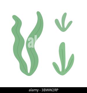 Des algues et des feuilles de varech minimes dans des formes vertes sous-marines coulantes, parfaites pour les illustrations de feuillage océanique, les fonds marins et marins écologiques Illustration de Vecteur