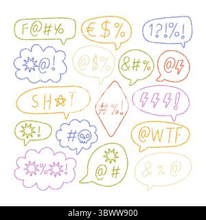 Bulles de discours brillantes de style comique dans la texture crayon. Ambiance de dessin animé en colère dans la conception de doodle avec des symboles et des icônes expressives. Illustration de Vecteur