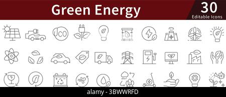 Ensemble d'icônes de ligne modifiables d'énergie verte pour l'énergie renouvelable, solaire, éolienne et durable Illustration de Vecteur