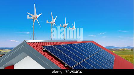 Petites éoliennes et panneaux solaires sur le toit d'Une maison privée, illustration 3D. Banque D'Images