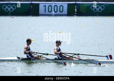 23 juillet 2021, Koto City, Tokyo, Japon : Hugo BOUCHERON et Matthieu ANDRODIAS remportent leur double échauffement d'aviron pour hommes sur la voie navigable Sea Forest le 23 juillet 2021 à Tokyo, Japon (crédit image : © Mickael Chavet via ZUMA Press Wire) Banque D'Images