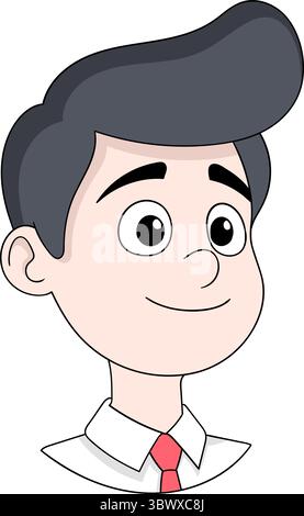 Illustration vectorielle de dessin animé d'un jeune homme souriant avec les cheveux foncés, portant une chemise blanche et cravate rouge. Illustration de Vecteur