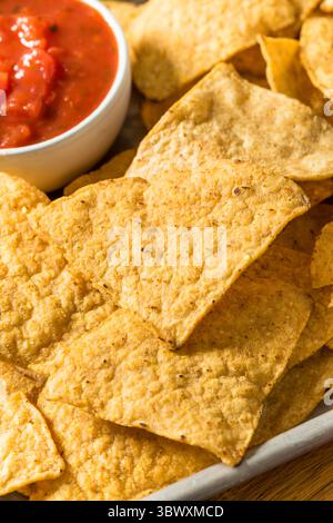 Chips tortilla au maïs salées maison avec deux sortes de salsa Banque D'Images