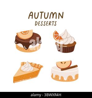 Boissons et desserts d'automne, collection doodle, ensemble confortable d'automne, conception pour affiches, cartes, autocollants Illustration de Vecteur
