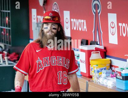 27 juillet 2021, Anaheim, Californie, États-Unis : Brandon Marsh #16 des Angelsde Los Angeles lors de leur match de saison régulière MLB avec les Rockies du Colorado le mardi 27 juillet 2021 au Angel Stadium d'Anaheim à Anaheim, Californie. Les anges perdent face aux Rocheuses, 3-12. DOUGLAS CUELLAR/PI (crédit image : © Prensa Internacional via ZUMA Press Wire) Banque D'Images