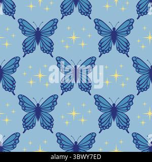 Modèle sans couture avec papillon bleu et étoile minuscule dans l'ordre des pois dans le style de dessin animé plat. Design doux et rêveur parfait pour le tissu, l'emballage, les enfants Illustration de Vecteur