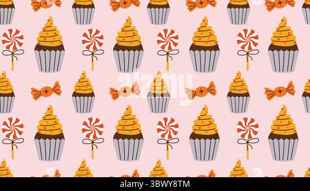 Joli motif sans couture d'Halloween avec sucettes torsadées, bonbons et gâteaux sur fond rose pastel. Doux design festif dans un style de dessin animé plat pour PA Illustration de Vecteur