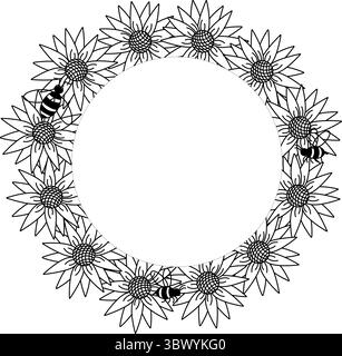 Modèle rond de cercle de tournesol et d'abeille cadre. Illustration de ligne graphique vectorielle. Pour carte de voeux, emballage écologique, impression saisonnière Joyful Flower design Illustration de Vecteur