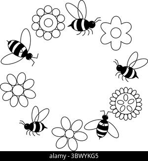 Abeille dans une dentelle florale Frame cercle modèle rond. Illustration de ligne graphique vectorielle. Parfait pour les cartes, décorations, logo, menu, divers modèles. Couleur Illustration de Vecteur