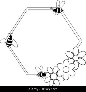 Cadre hexagonal avec fleurs simples et abeilles. modèle. Illustration de ligne graphique vectorielle. conception pour les graphiques de mode, impressions textiles, tissus, wallpape Illustration de Vecteur