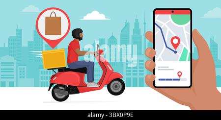 Suivi de livraison de nourriture sur une application pour smartphone, un homme roule sur un scooter et livre une commande de restauration rapide Illustration de Vecteur