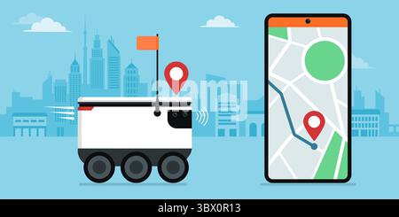 Robot autonome livrant des marchandises aux clients et application de suivi de livraison sur smartphone Illustration de Vecteur