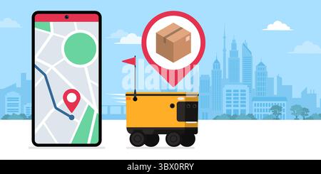 Robot autonome livrant des marchandises aux clients et application de suivi de livraison sur smartphone Illustration de Vecteur