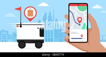 Robot autonome livrant des marchandises aux clients et application de suivi de livraison sur smartphone Illustration de Vecteur