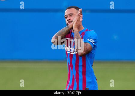 8 août 2021, Barcelone, Espagne : Memphis Depay avant le match Trofeu Joan Gamper entre le FC Barcelone et le Juventus FC à Estadi Johan Cruyff à Sant Joan Despi, Espagne. (Crédit image : © David Ramirez/DAX via ZUMA Press Wire) Banque D'Images
