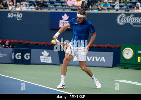 13 août 2021, Toronto, Ontario, Canada : Stefanos Tsitsipas photographié dans son match quart de finale de l'Open de la Banque nationale contre Casper Ruud. (Crédit image : © Giles Campbell/ZUMA Press Wire) Banque D'Images